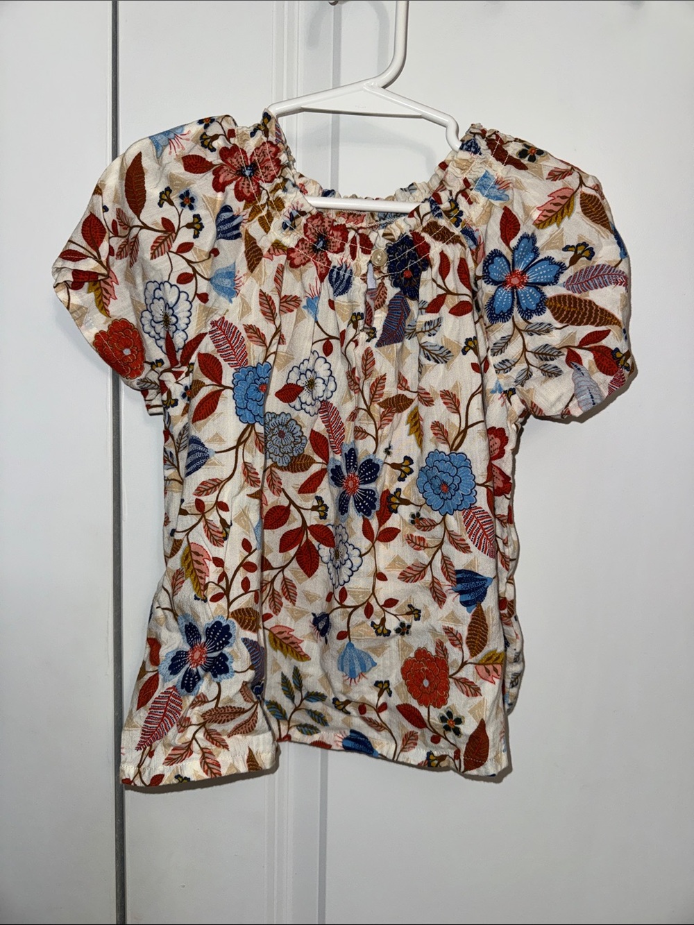 Old Navy Cream Floral Puff-Sleeve Blouse with Blue & Rust Flowers